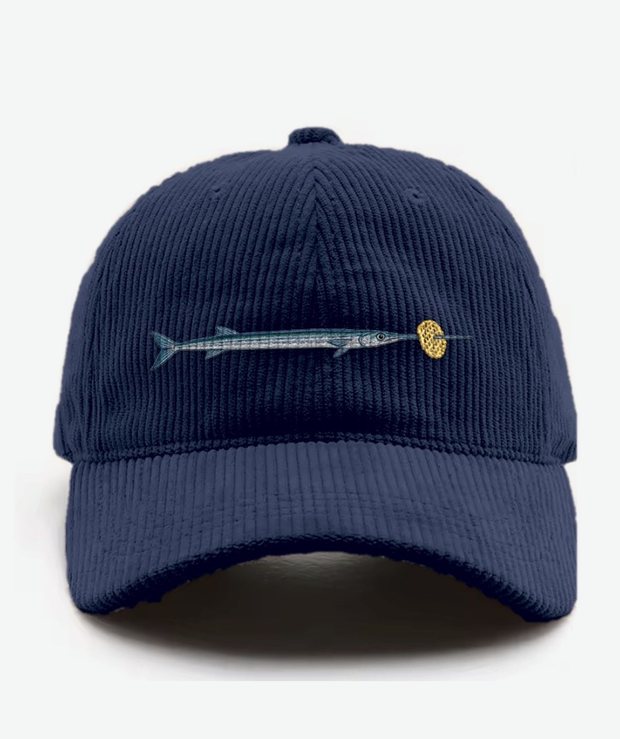 Mustique corduroy cap in navy with an embroidered needlefish and lattice crisp on the front