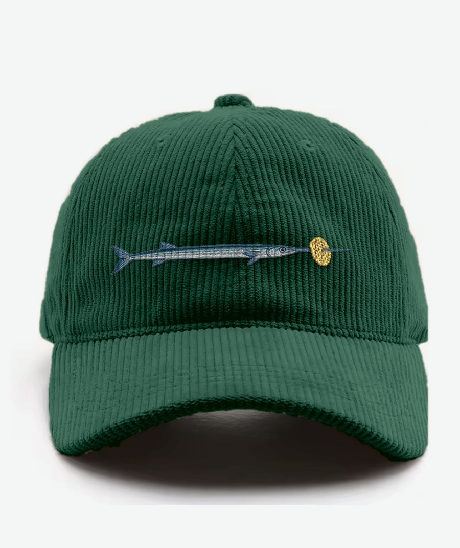 Nevis corduroy cap in racing green with an embroidered needlefish and lattice crisp on the front