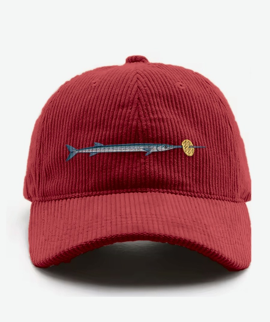 Antigua corduroy cap in red with an embroidered needlefish and lattice crisp on the front