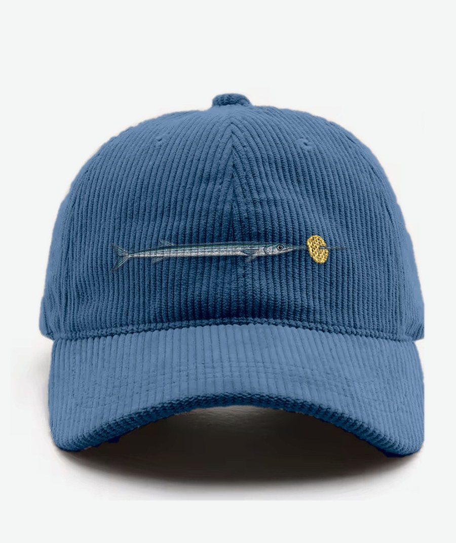 Bequia corduroy cap in blue with an embroidered needlefish and lattice crisp on the front