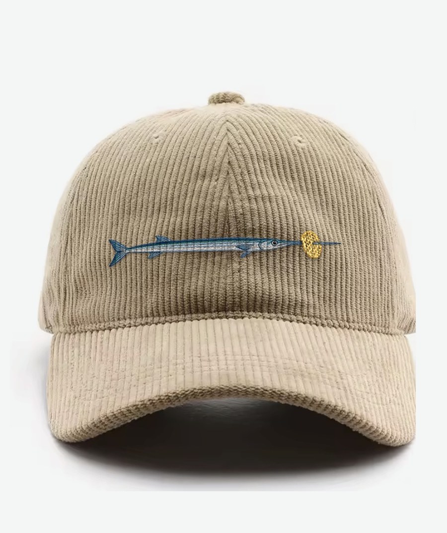 Barbuda corduroy cap in sand with an embroidered needlefish and lattice crisp on the front