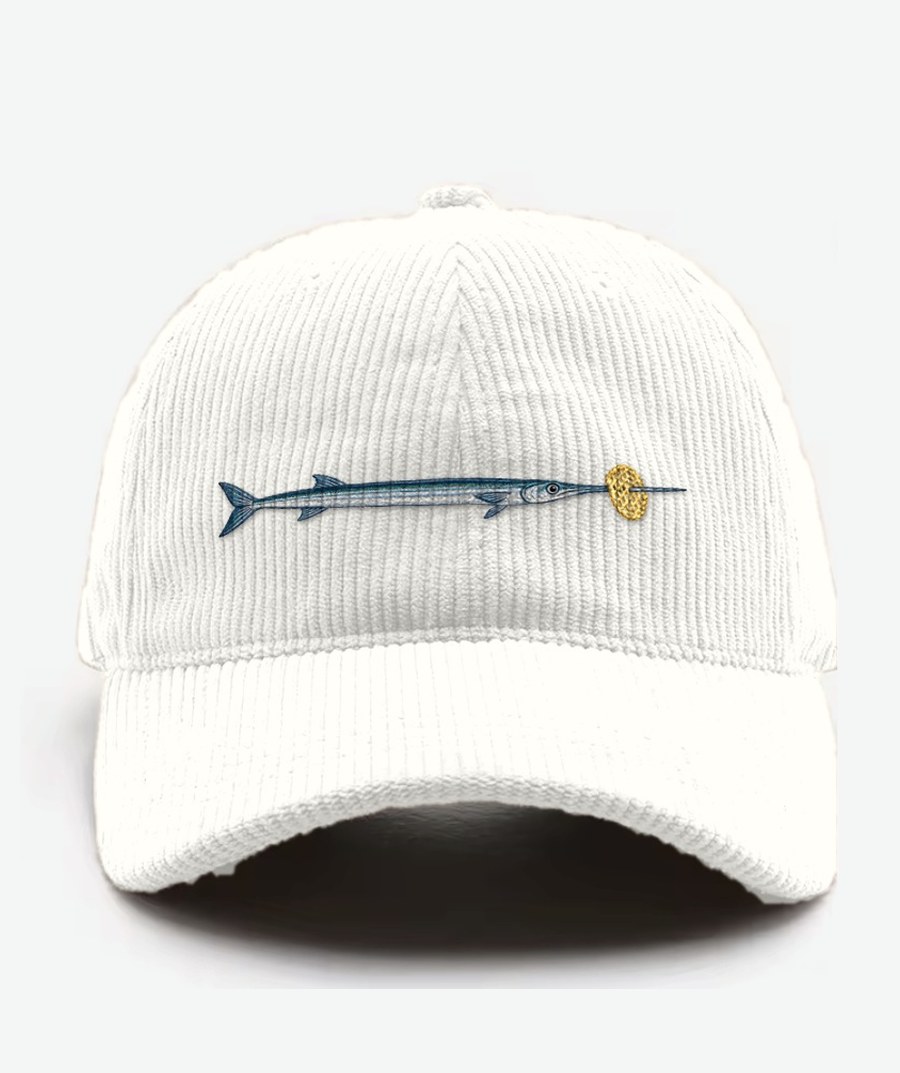 St Barts corduroy cap in white with an embroidered needlefish and lattice crisp on the front