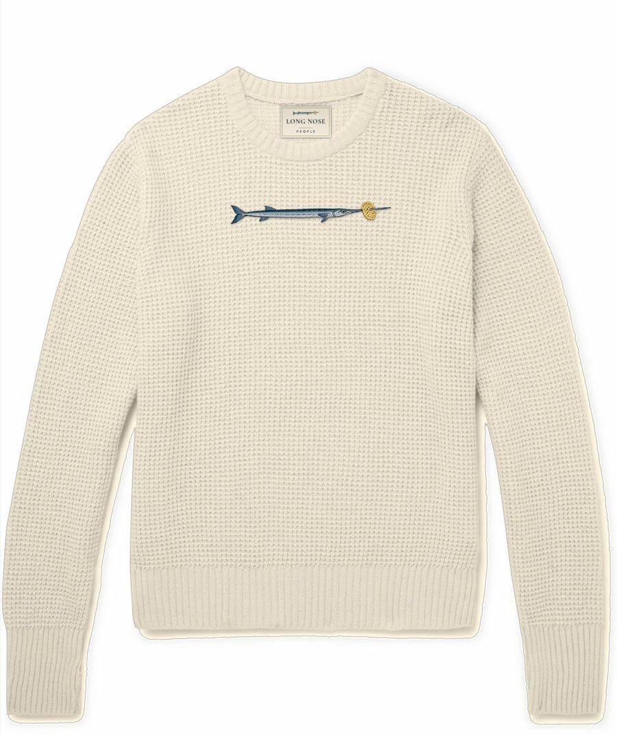 Anguilla ecru waffle-knit crewneck jumper with an embroidered needlefish and lattice crisp
