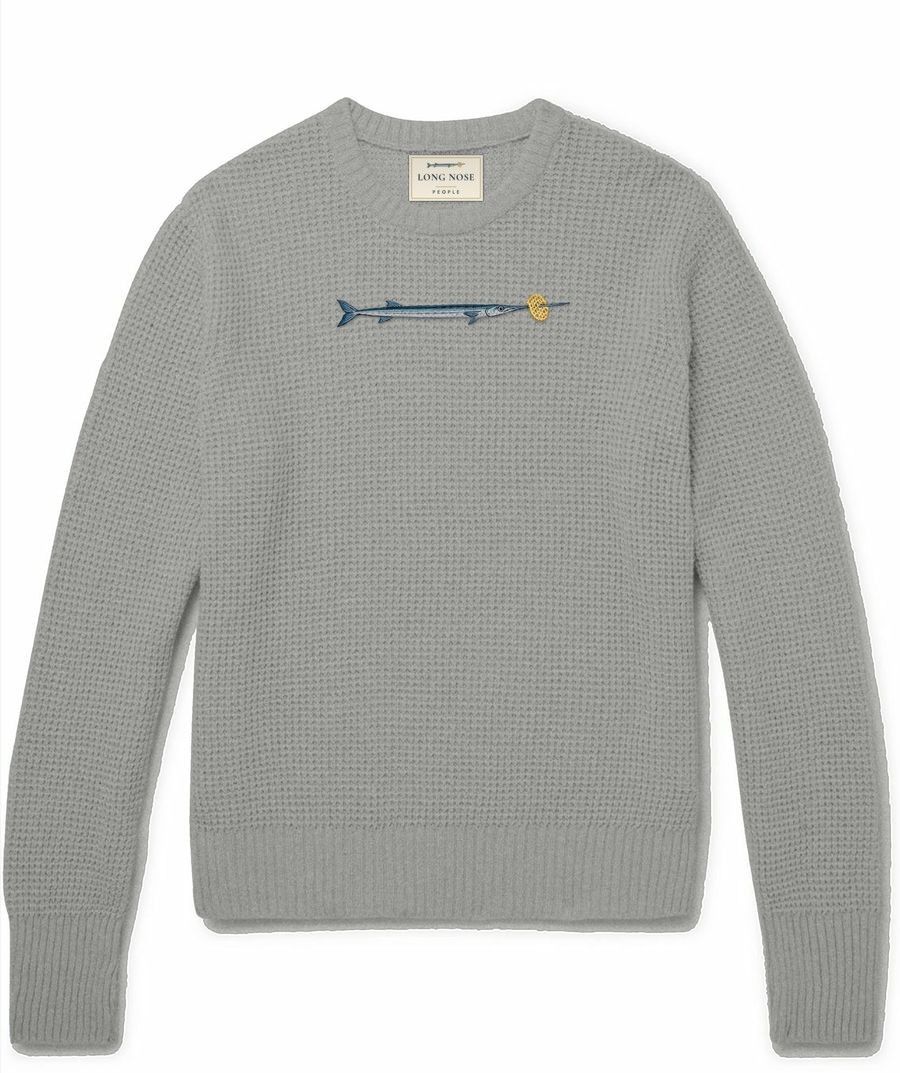 Montserrat harbour grey waffle-knit crewneck jumper with an embroidered needlefish and lattice crisp