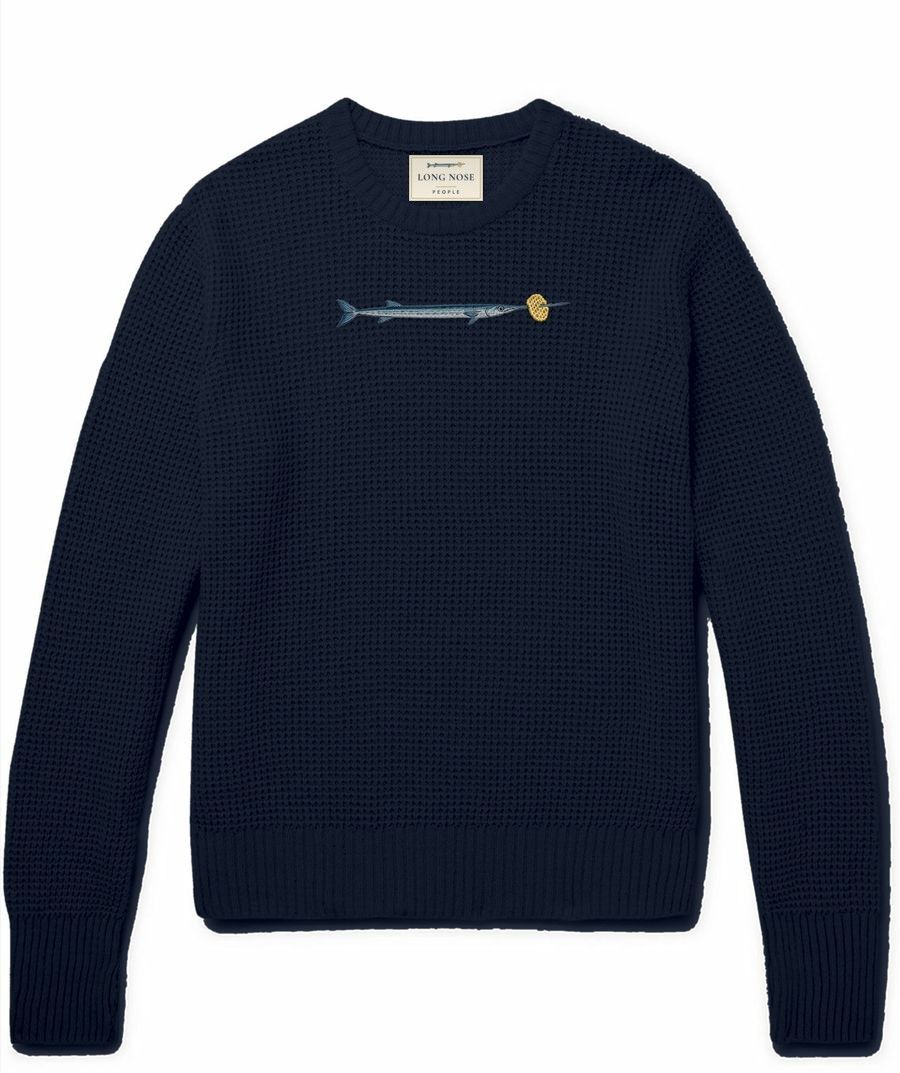 St Lucia midnight waffle-knit crewneck jumper with an embroidered needlefish and lattice crisp