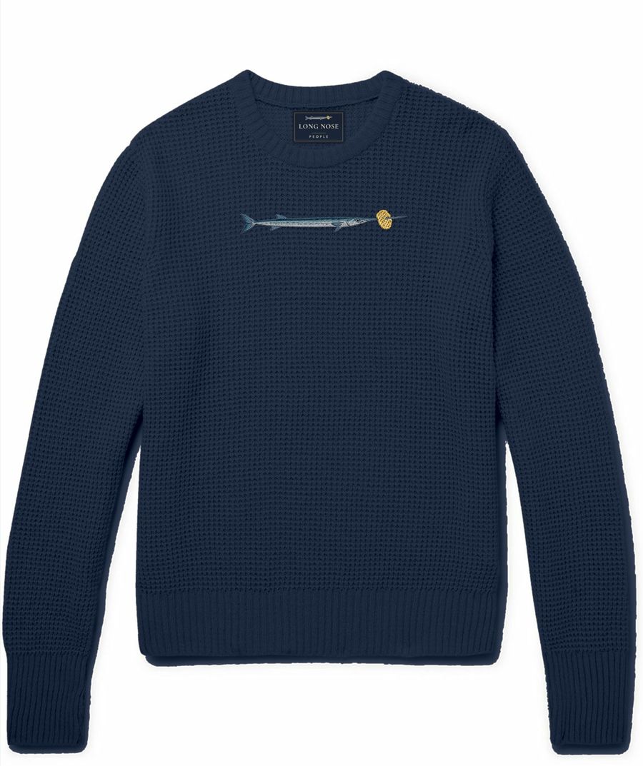 Navy waffle-knit crewneck jumper with an embroidered needlefish and lattice crisp