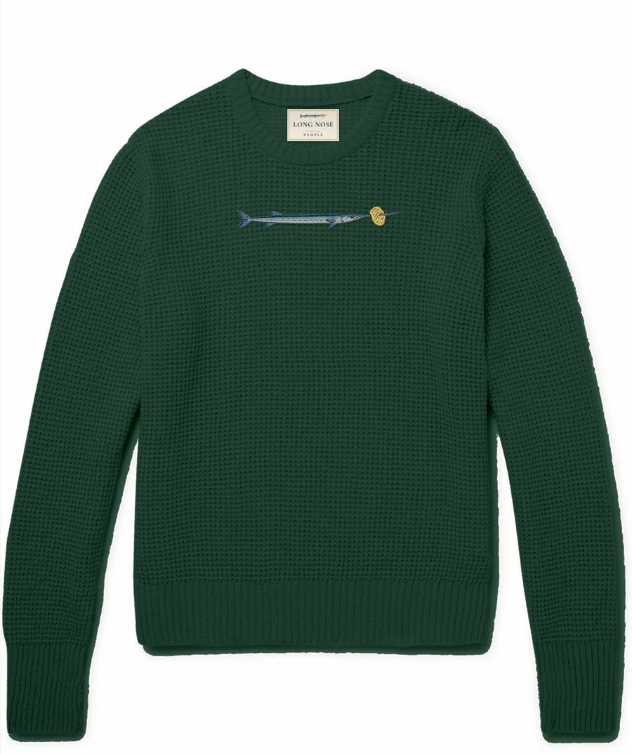 Nevis racing green waffle-knit crewneck jumper with an embroidered needlefish and lattice crisp