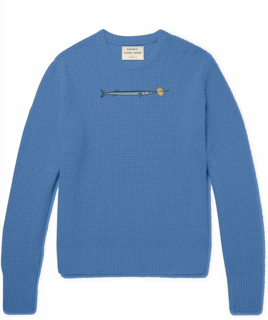 Bequia riviera blue waffle-knit crewneck jumper with an embroidered needlefish and lattice crisp