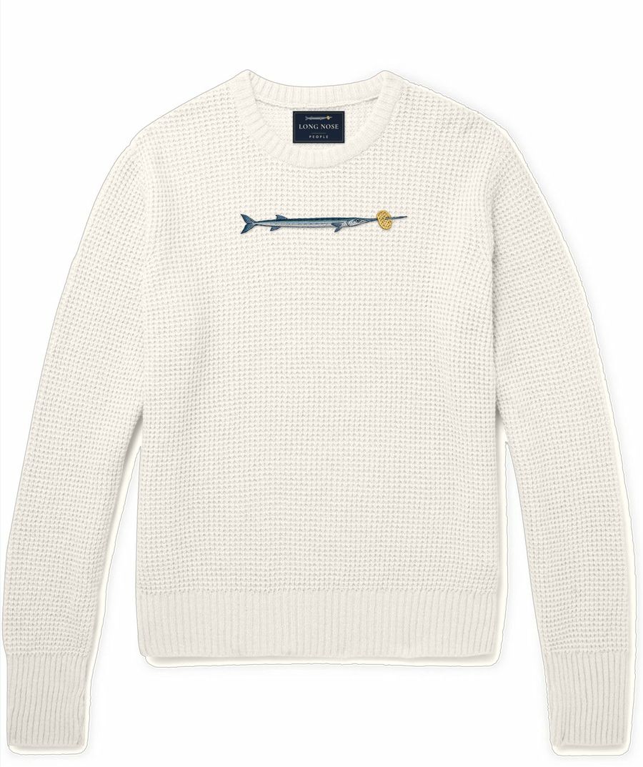 Sail White waffle-knit crewneck jumper with an embroidered needlefish and lattice crisp