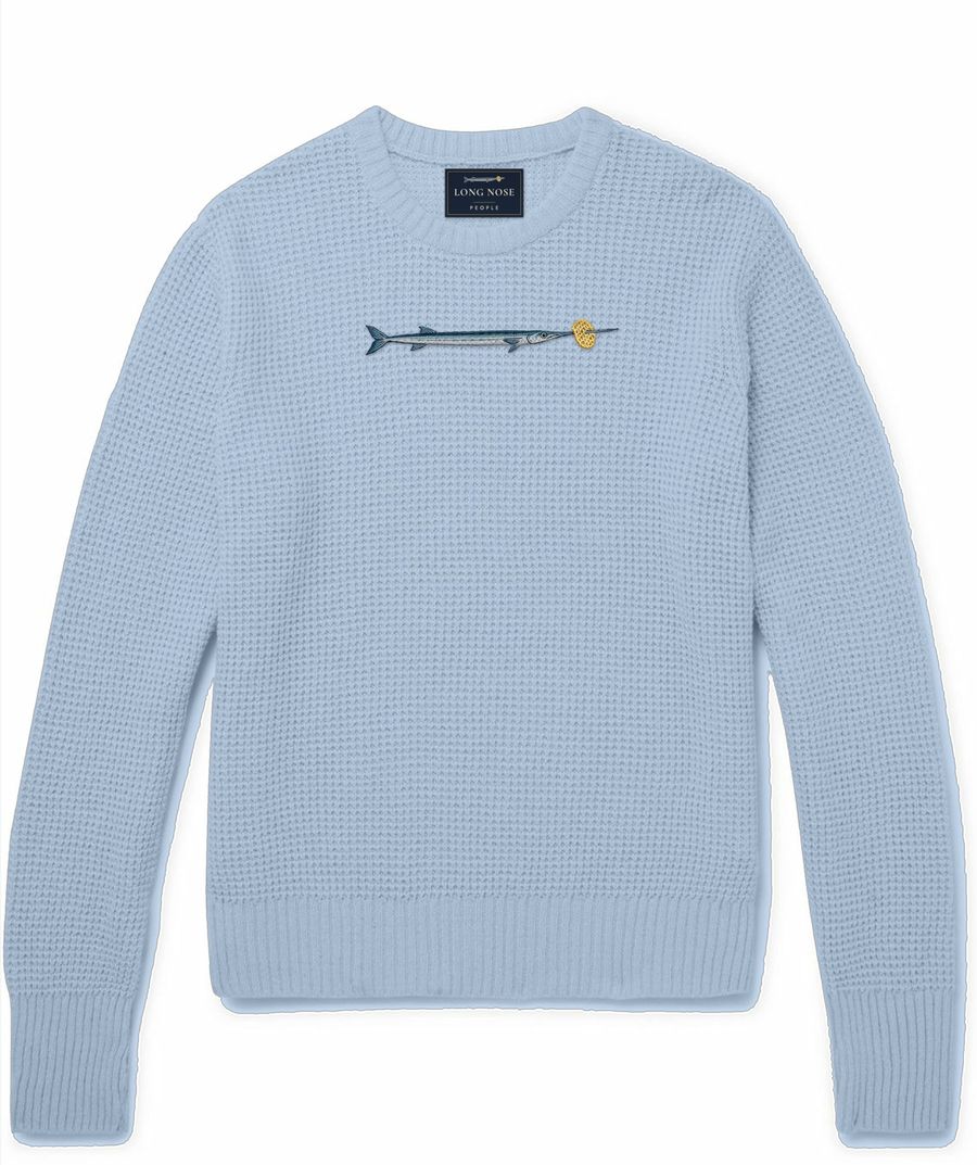 Sky Blue waffle-knit crewneck jumper with an embroidered needlefish and lattice crisp
