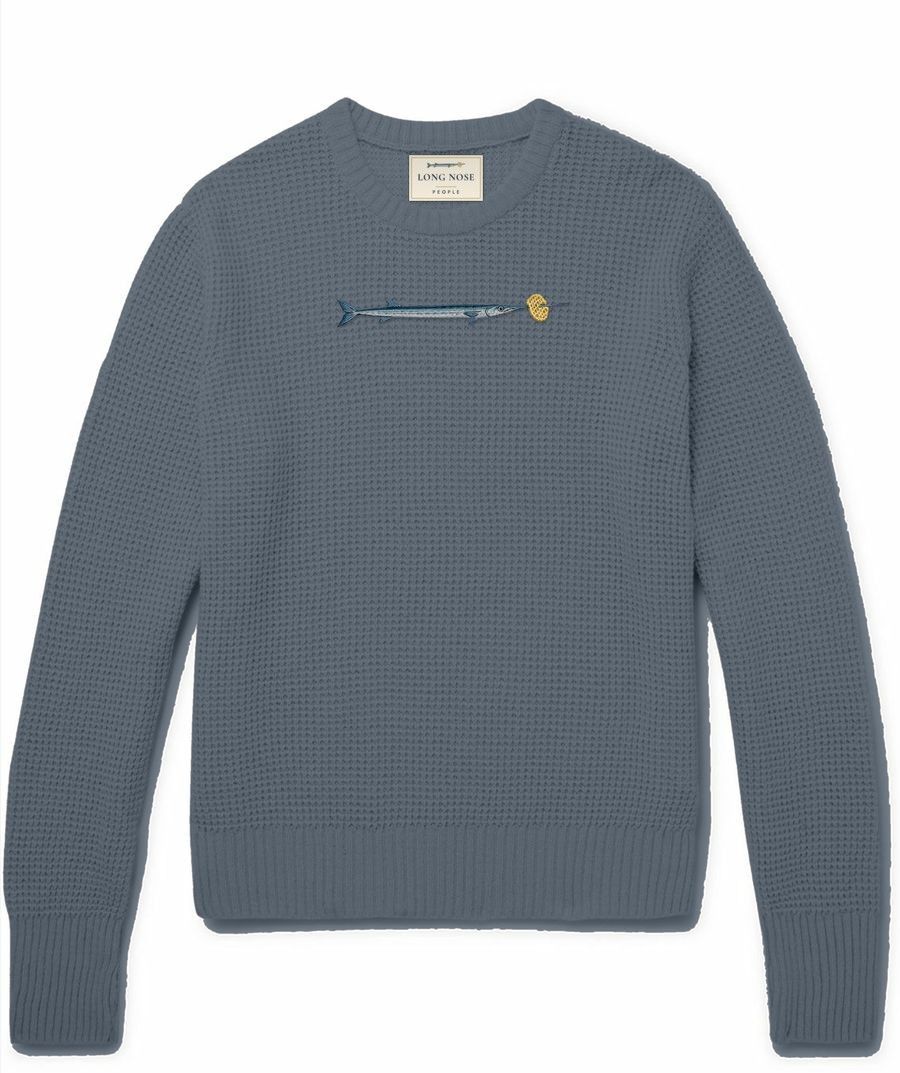 Dominica slate waffle-knit crewneck jumper with an embroidered needlefish and lattice crisp