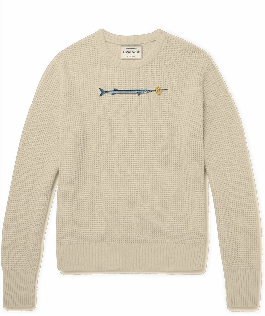 Barbuda stone waffle-knit crewneck jumper with an embroidered needlefish and lattice crisp