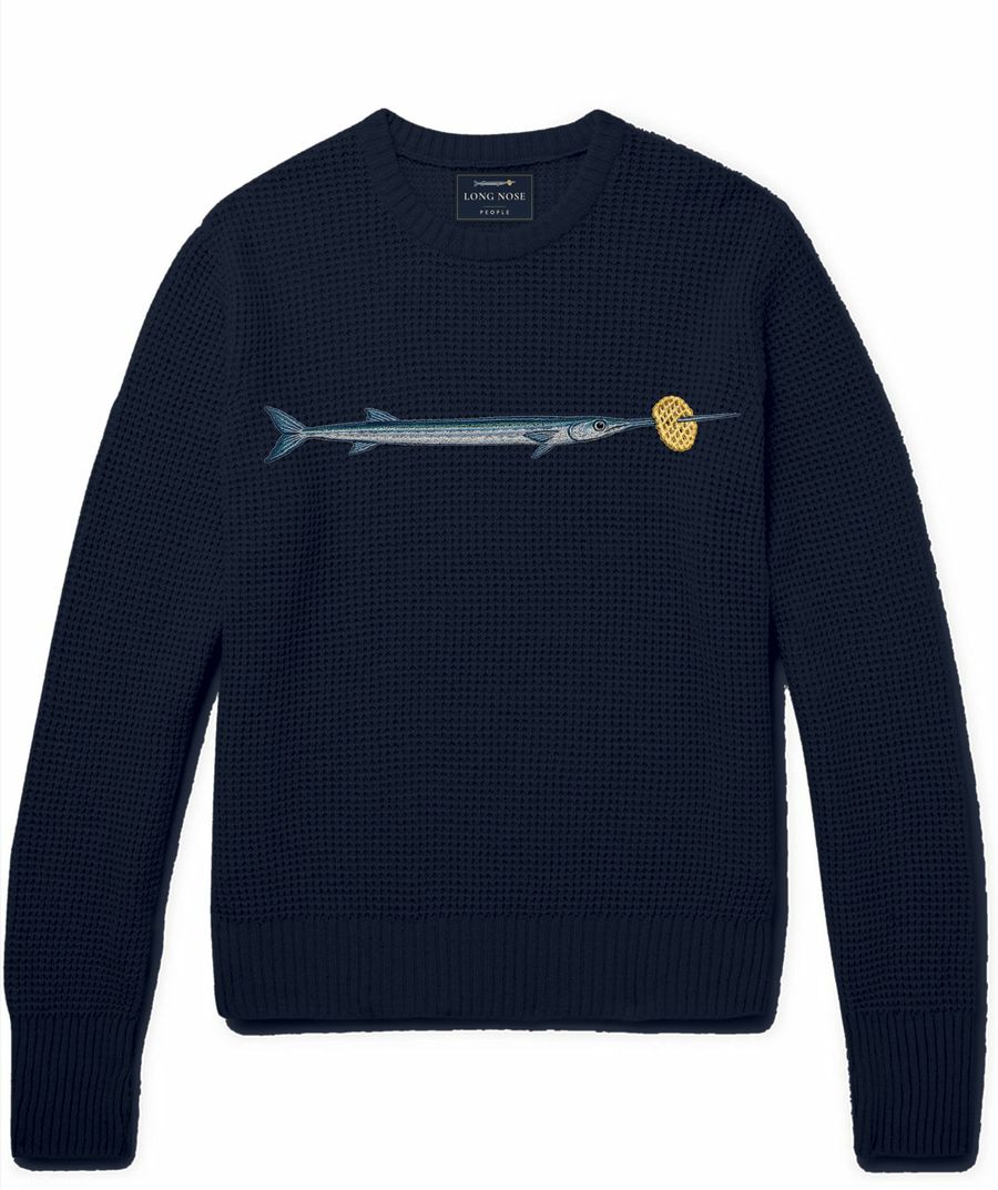 Big Fish crewneck jumper with an embroidered needlefish and lattice crisp