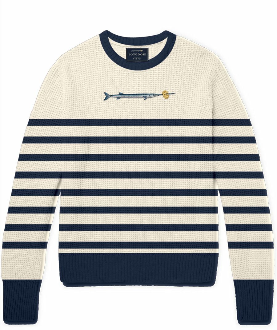 Breton crewneck jumper with an embroidered needlefish and lattice crisp