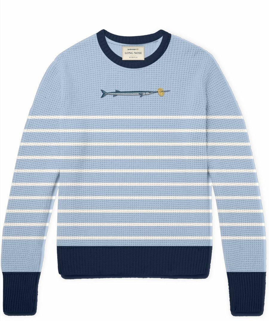 Shirley Heights crewneck jumper with an embroidered needlefish and lattice crisp