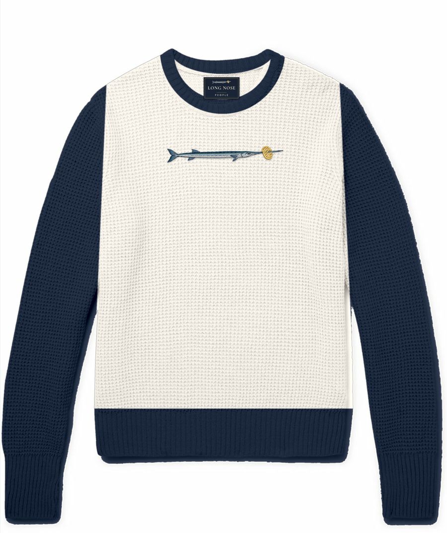 Mariner crewneck jumper with an embroidered needlefish and lattice crisp