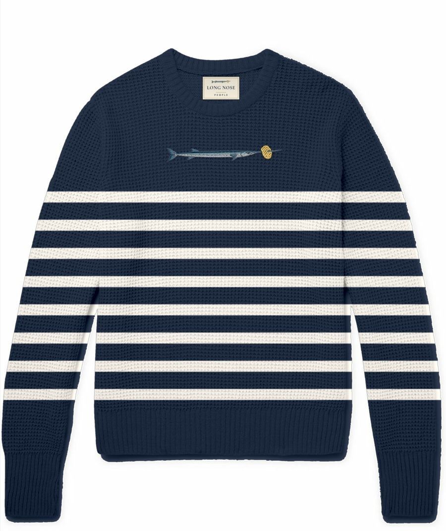 Gustavia crewneck jumper with an embroidered needlefish and lattice crisp