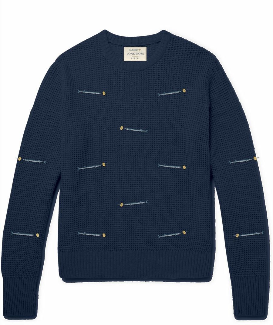 Half Moon Bay crewneck jumper with an embroidered needlefish and lattice crisp