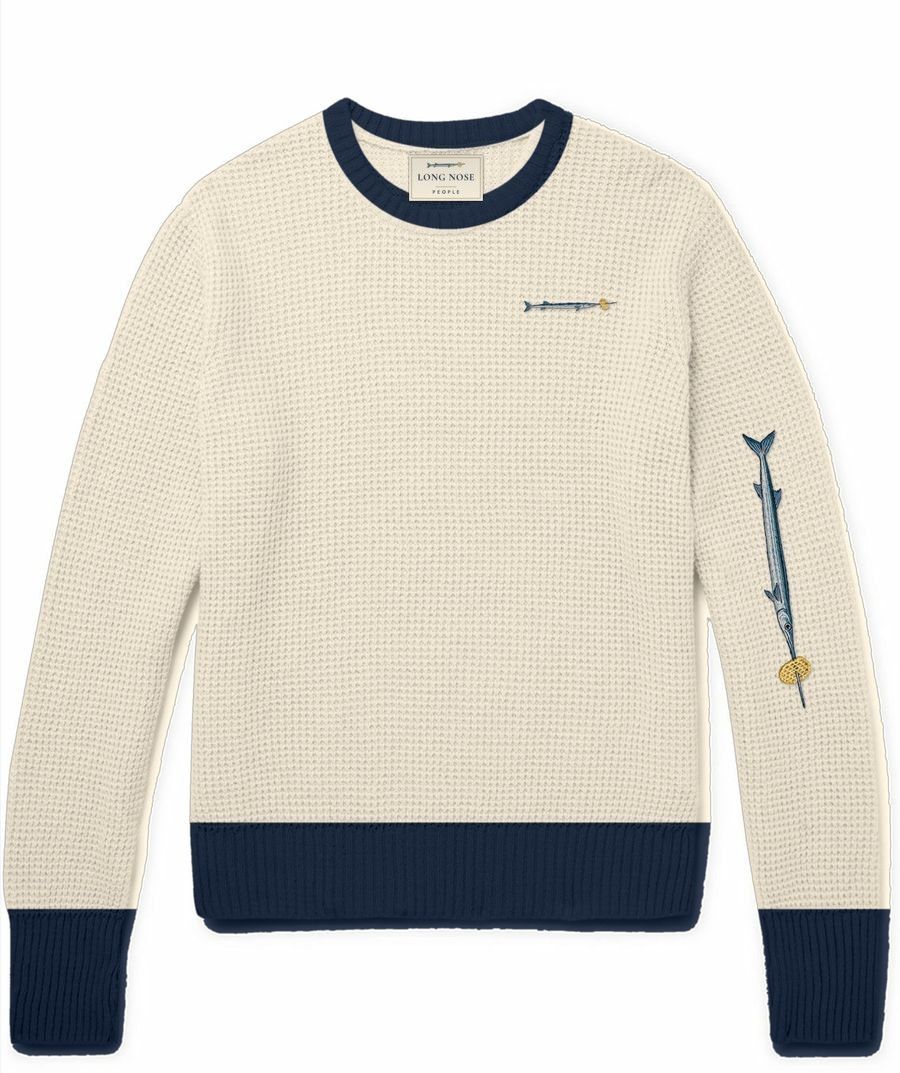 Pigeon Point crewneck jumper with an embroidered needlefish and lattice crisp