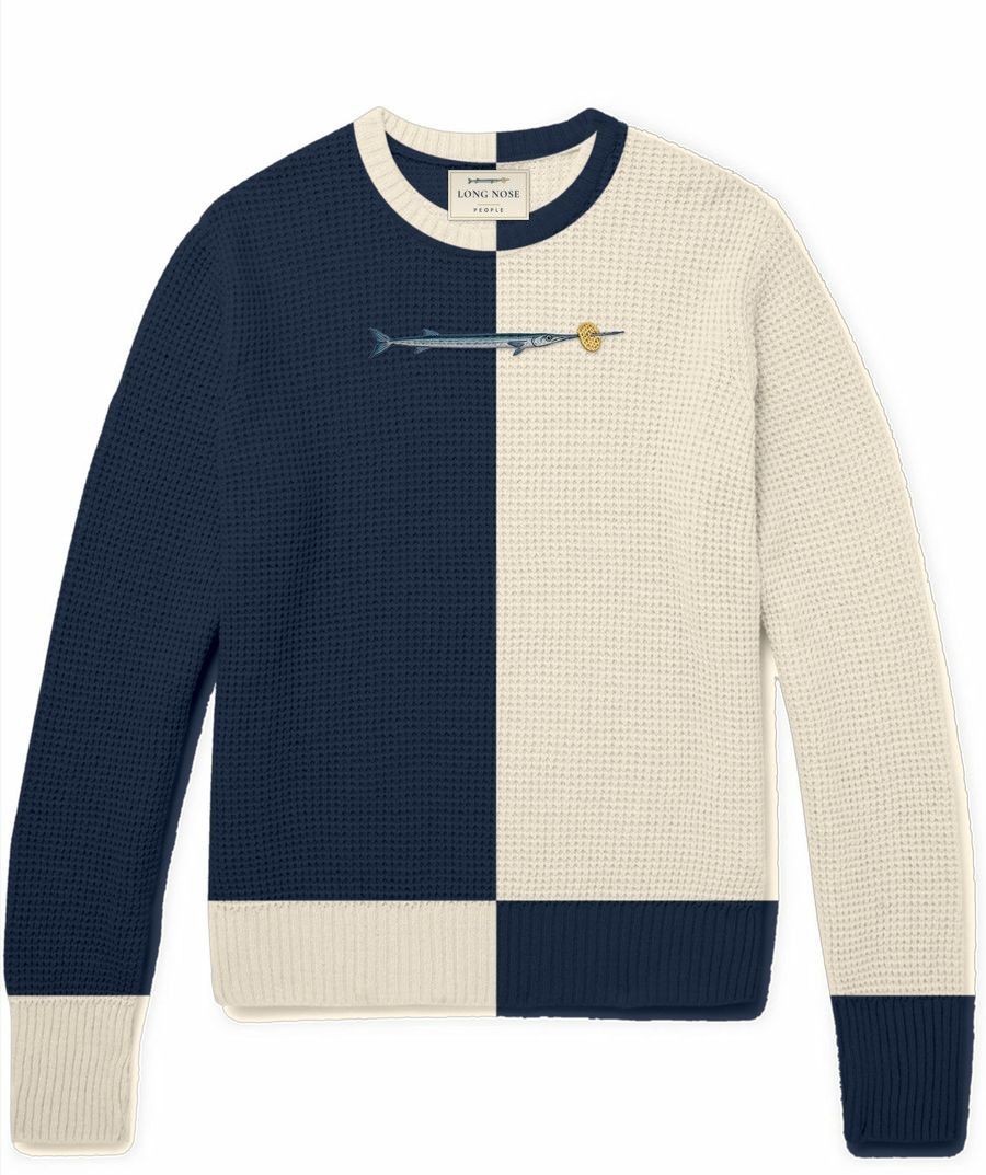 Port Elizabeth crewneck jumper with an embroidered needlefish and lattice crisp