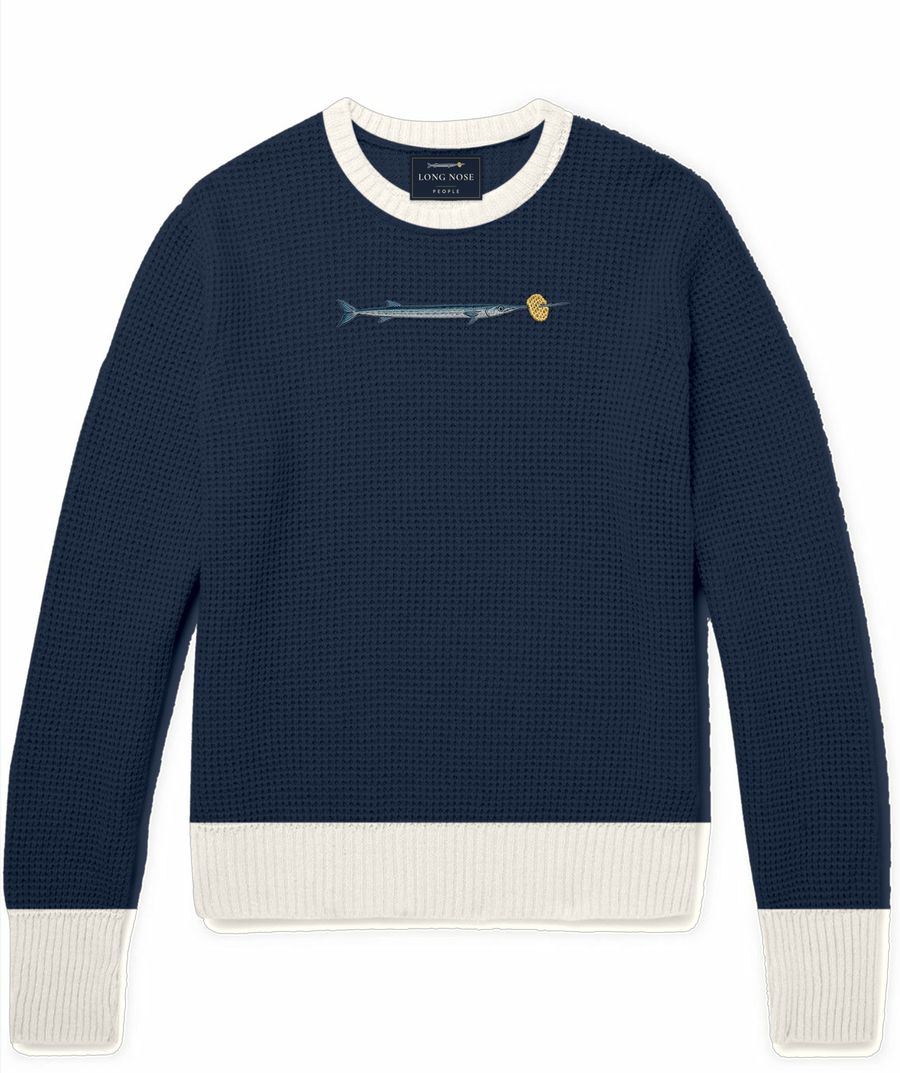 Club Tipped crewneck jumper with an embroidered needlefish and lattice crisp