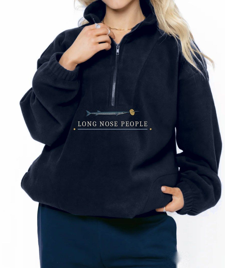 St Lucia midnight fleece quarter zip with an embroidered needlefish and Long Nose People lettering under the zip