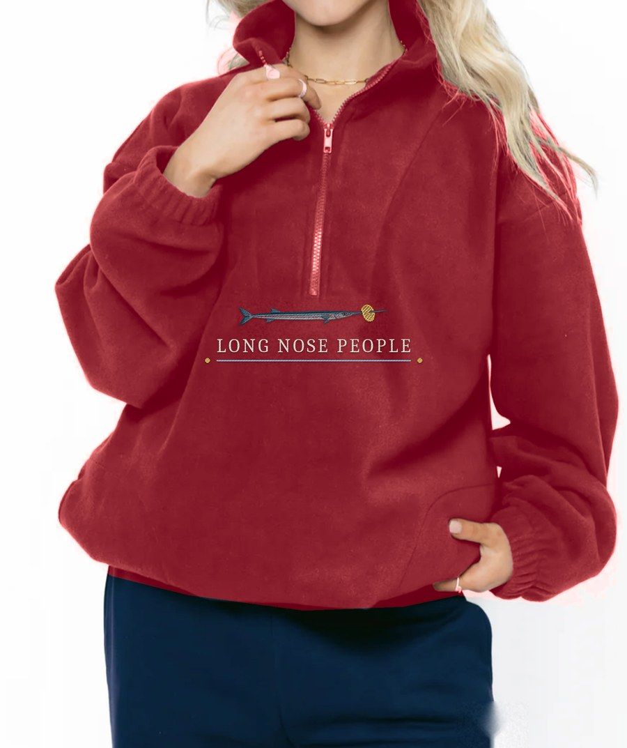 Antigua red fleece quarter zip with an embroidered needlefish and Long Nose People lettering under the zip