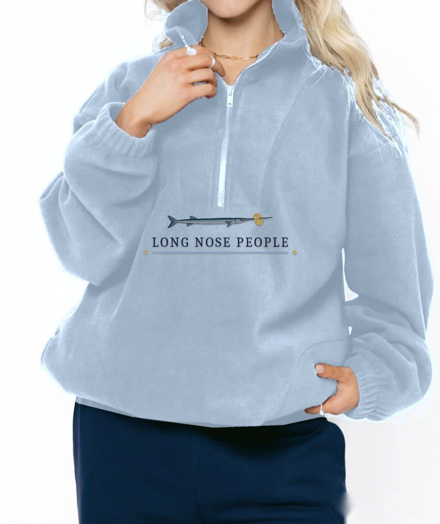 Tobago Cays sky blue fleece quarter zip with an embroidered needlefish and Long Nose People lettering under the zip
