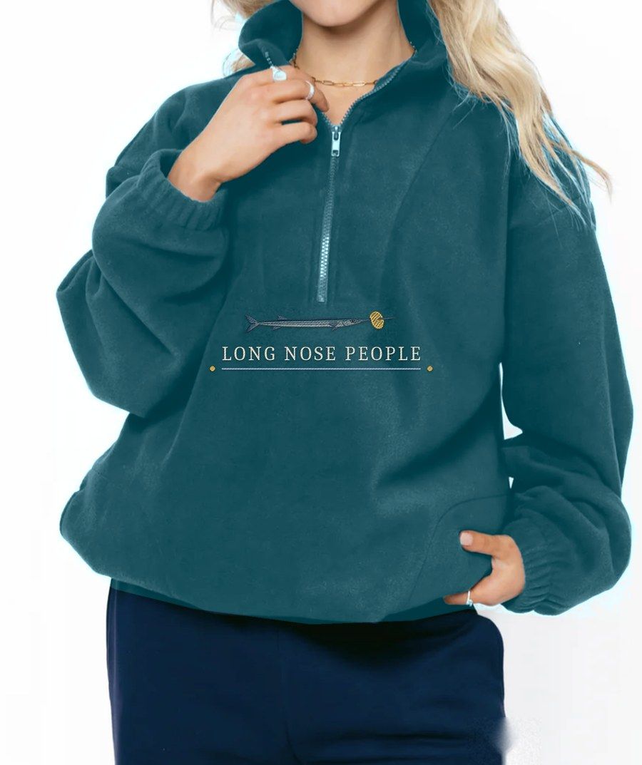 Grenada deep teal fleece quarter zip with an embroidered needlefish and Long Nose People lettering under the zip