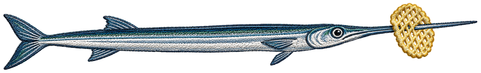 The Long Nose People logo: an embroidered needlefish with a lattice crisp on its beak