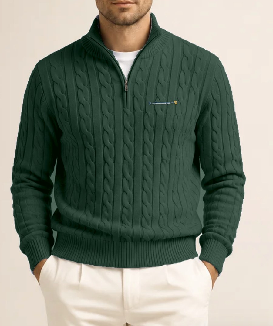 Racing Green cable-knit quarter zip jumper with a small embroidered needlefish and lattice crisp on the chest